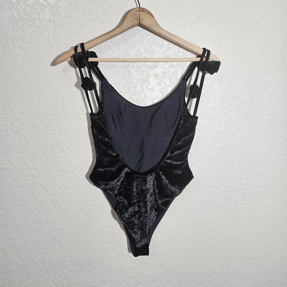 Revolve Something Navy Solid Black Velour Bodysuit - image 2